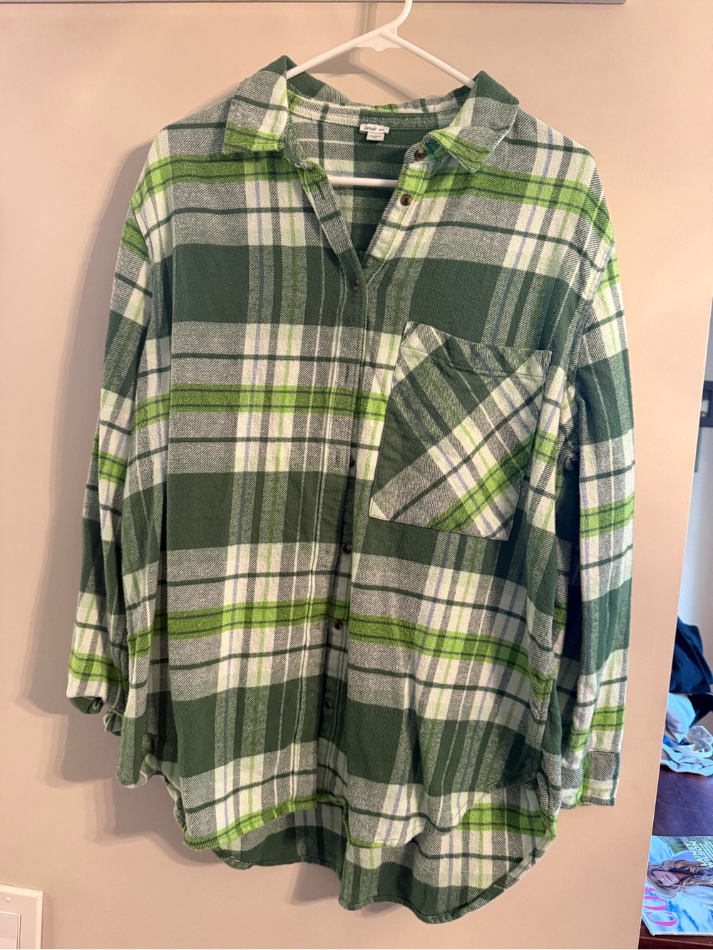 Women’s aerie Green Plaid Button-Down Shirt with White Accents